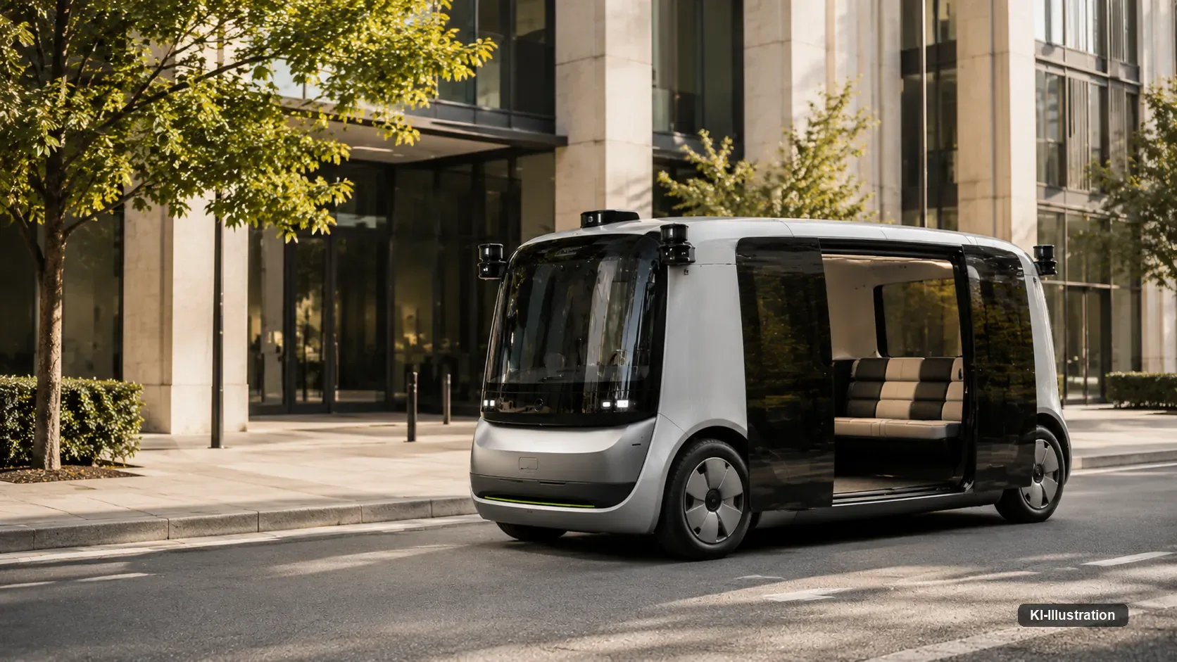 Robotaxi am Straßenrand mit weit geöffneter Schiebetür; im Innenraum ist eine Sitzbank zu sehen, an der Frontscheibe sitzt kein Fahrerplatz.