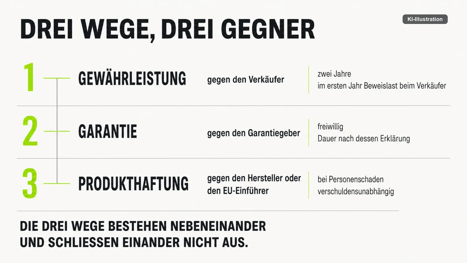 Drei Spalten mit Gewährleistung, Garantie und Produkthaftung samt Gegner und Voraussetzung.