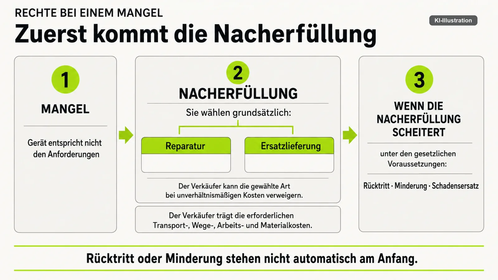 Dreistufiges Schema von Mangel über Nacherfüllung zu Rücktritt, Minderung und Schadensersatz.
