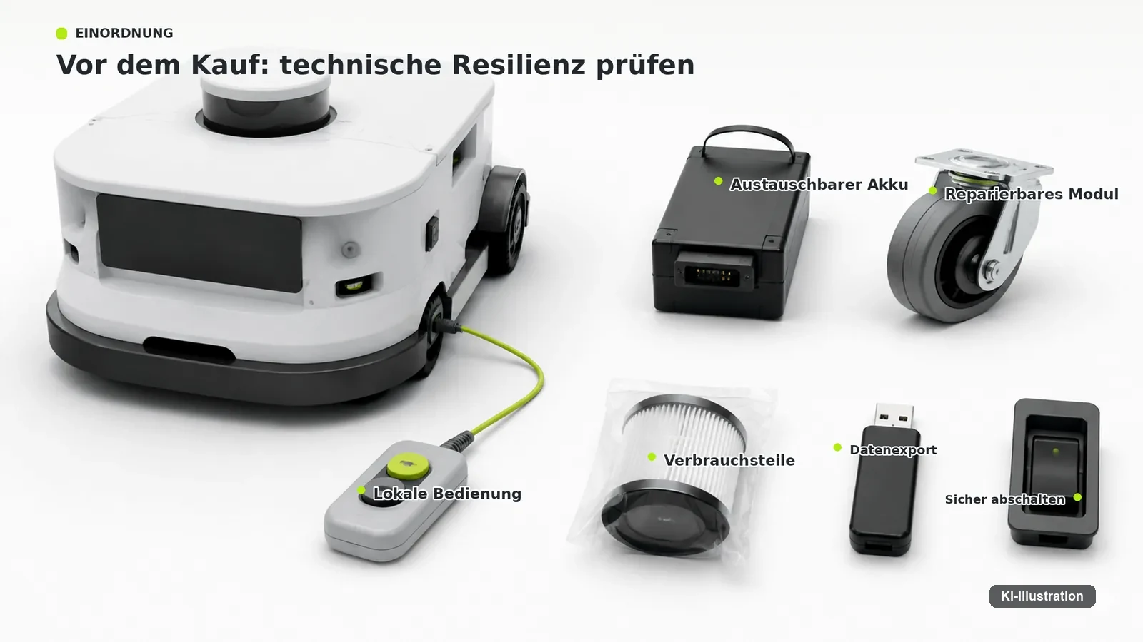 Prüfliste mit zehn Feldern rund um ein Gerät, mehrere Felder sind hervorgehoben.
