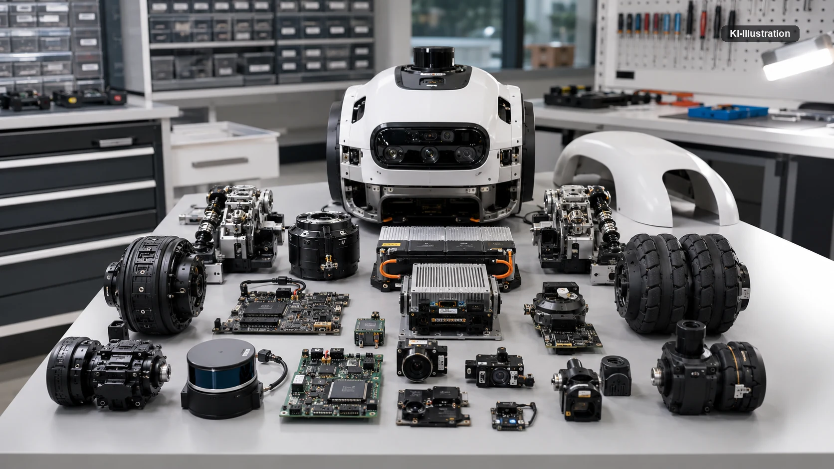 Auf einem Werkstatttisch liegen die Bauteile eines zerlegten Roboters ausgebreitet: Radantriebe, Gelenkmodule, ein Laserscanner, Kameras, Platinen, Rechenmodule und ein Akkupaket.