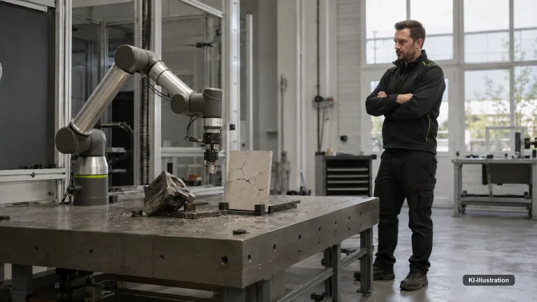 In einer hellen Werkstatt steht ein Roboterarm über einem Arbeitstisch mit einem gerissenen Werkstück und Spänen; ein Fachmann betrachtet die Szene mit verschränkten Armen.