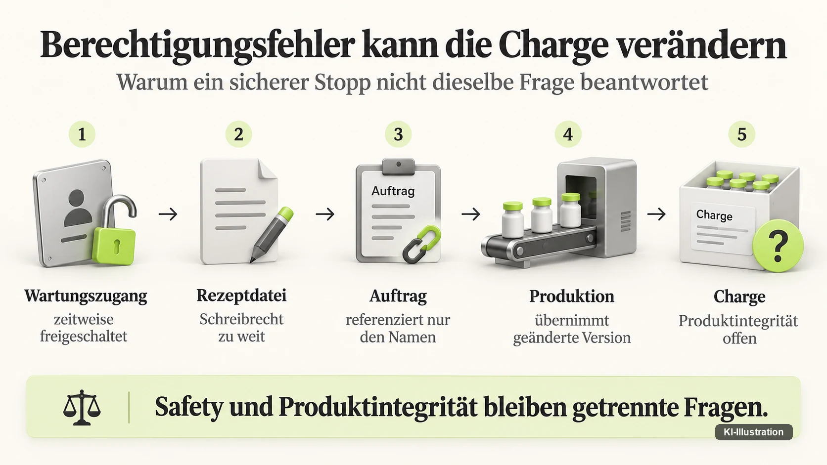 Ein Wartungszugang mit zu weiten Rechten kann eine Rezeptdatei aendern, ohne dass die Sicherheitsfunktion des Roboters je anspricht — Safety und Produktintegritaet sind getrennte Fragen.