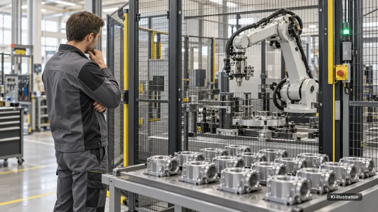 Techniker prüft Bauteile in einer Fertigungszelle, im Hintergrund ein Roboterarm.