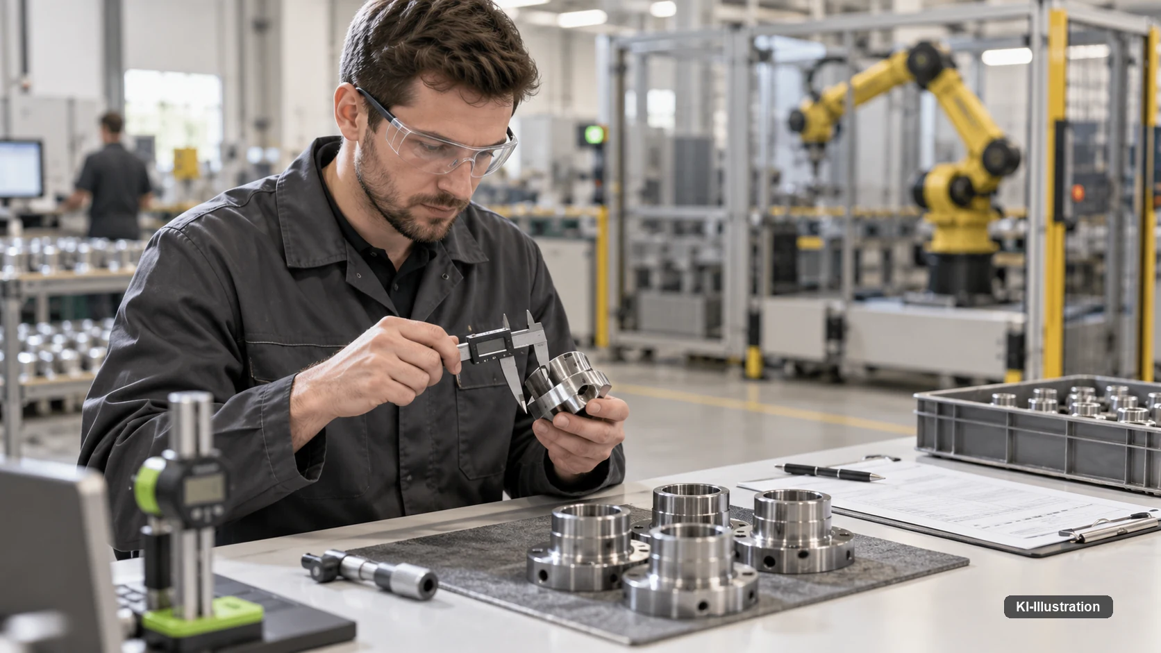 Techniker misst ein Metallteil mit einer Messschieblehre, im Hintergrund ein gelber Roboterarm.
