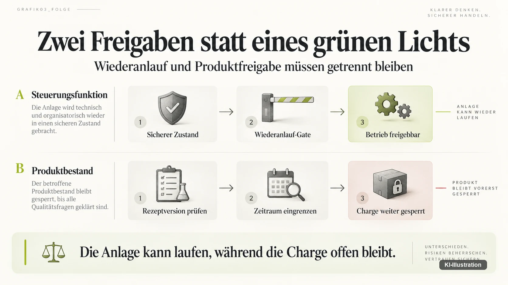 Die Freigabe der Steuerungsfunktion und die Freigabe des Produktbestands sind zwei getrennte Entscheidungen — ein wiederhergestellter Betrieb beantwortet nur die erste.