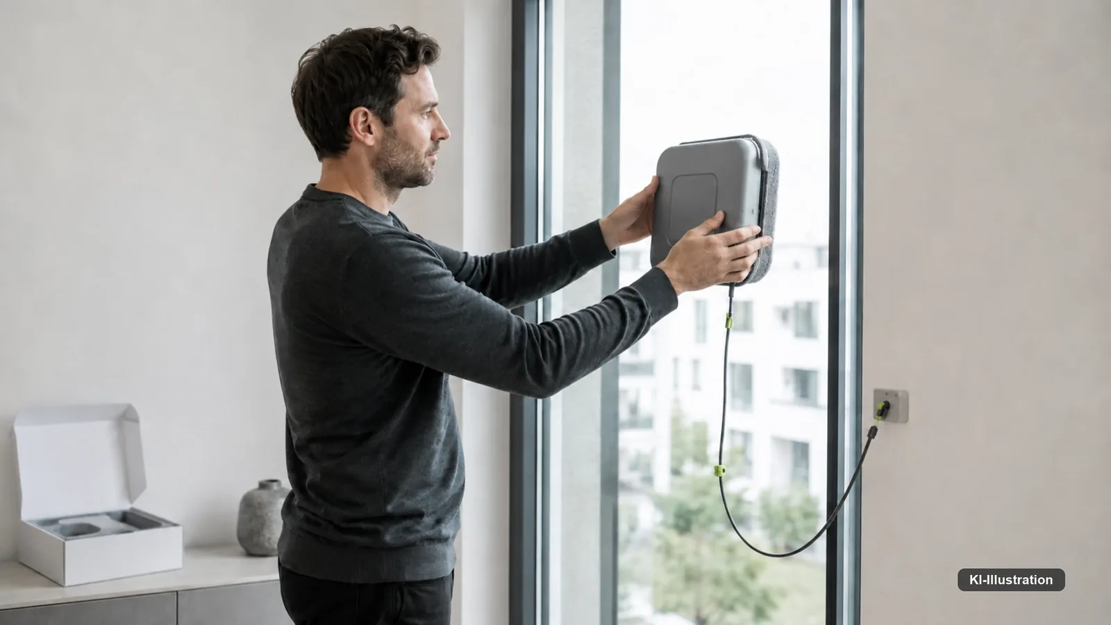 Fensterreinigungsroboter an einer Fensterscheibe in einer Wohnung.