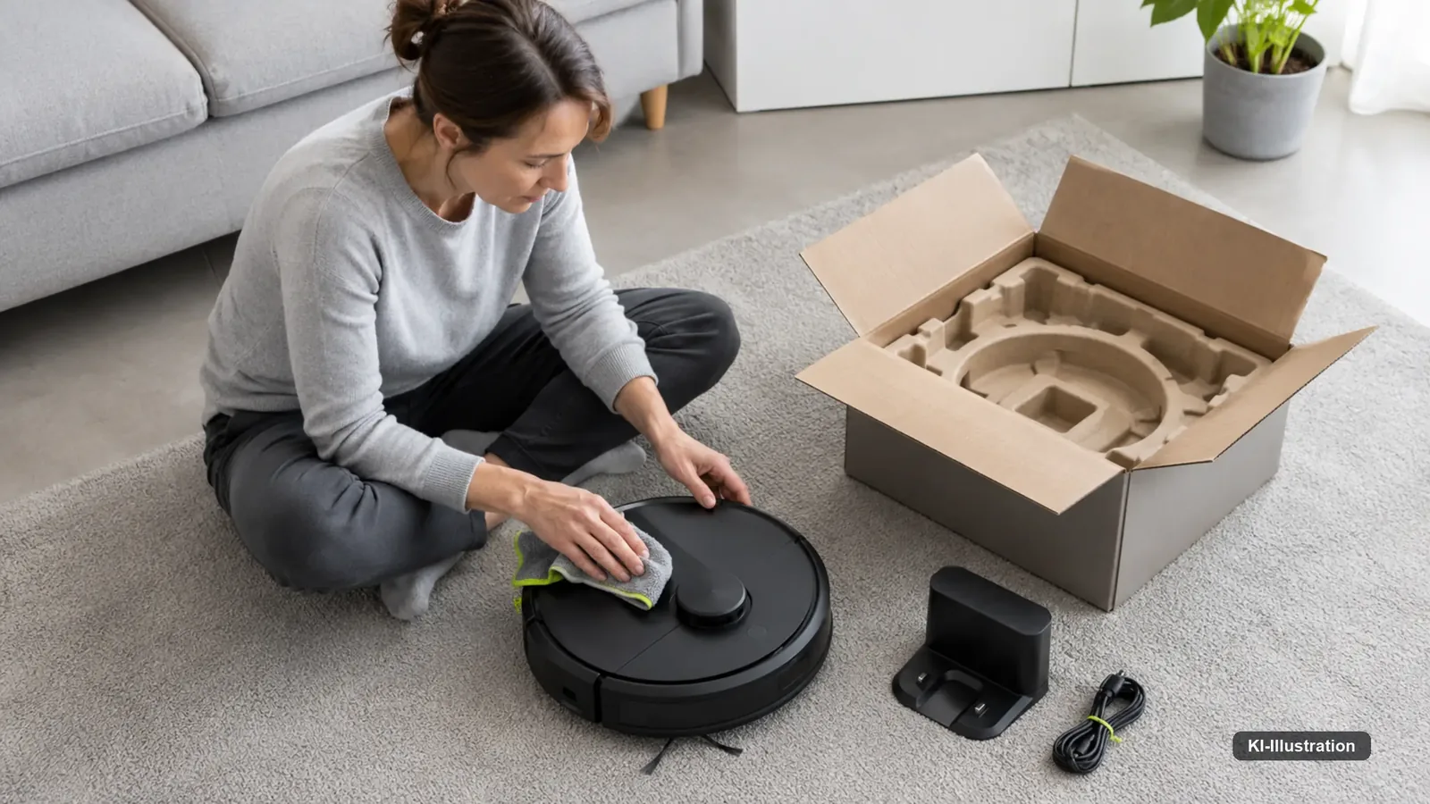Person steht vor einem ausgepackten Gerät und einem Versandkarton.
