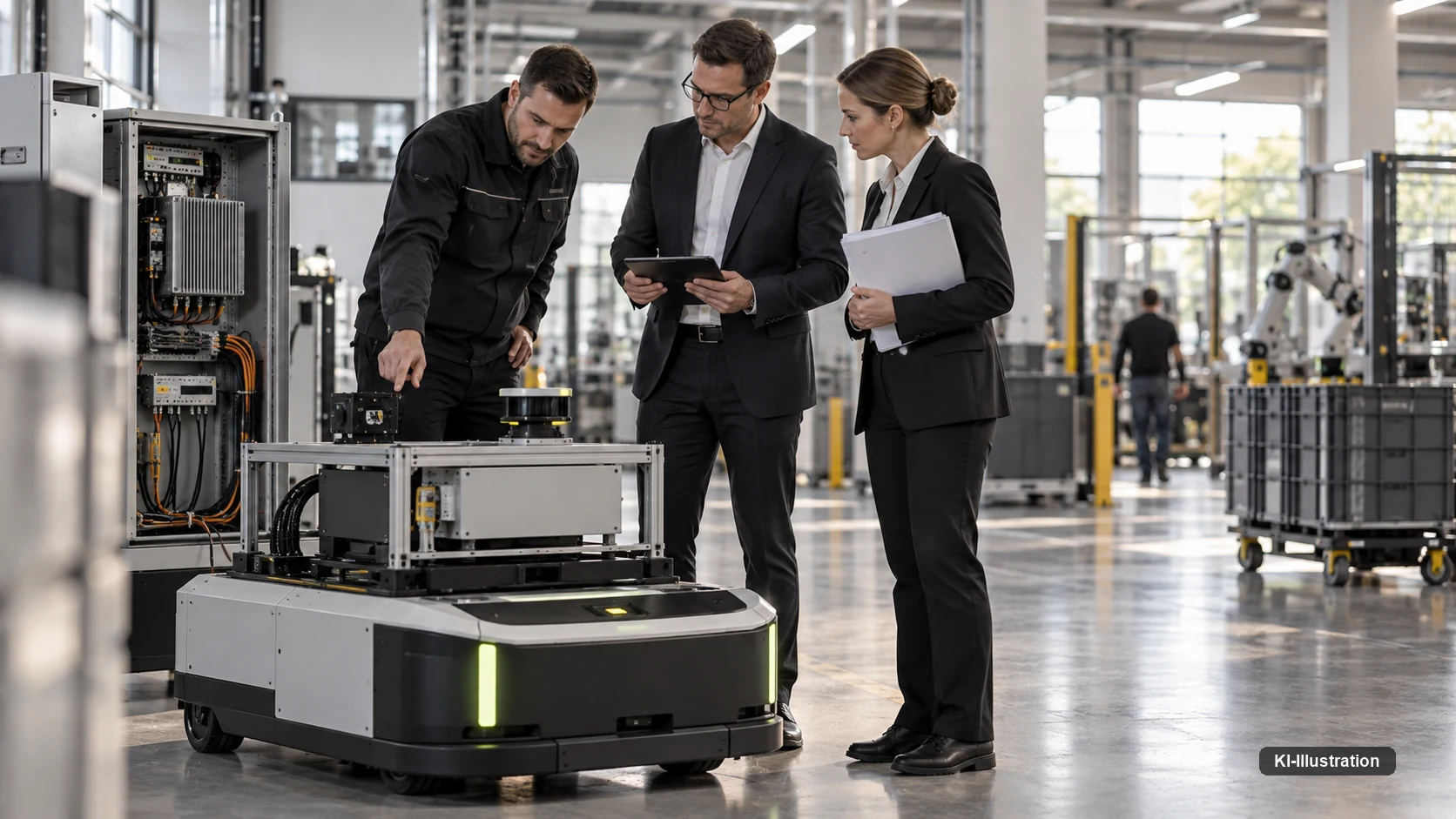 Drei Personen in Businesskleidung begutachten ein mobiles Robotersystem mit Tablet.
