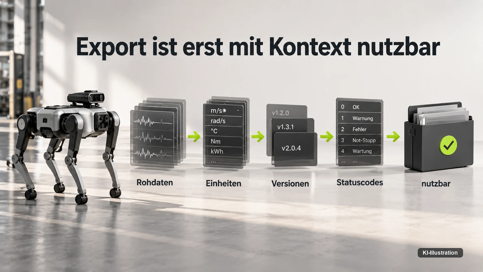 Rohdaten werden erst nutzbar, wenn Einheiten, Versionsstand und Statuscodes mitgeliefert werden — ein Datenexport ohne diesen Kontext ist kaum auswertbar.
