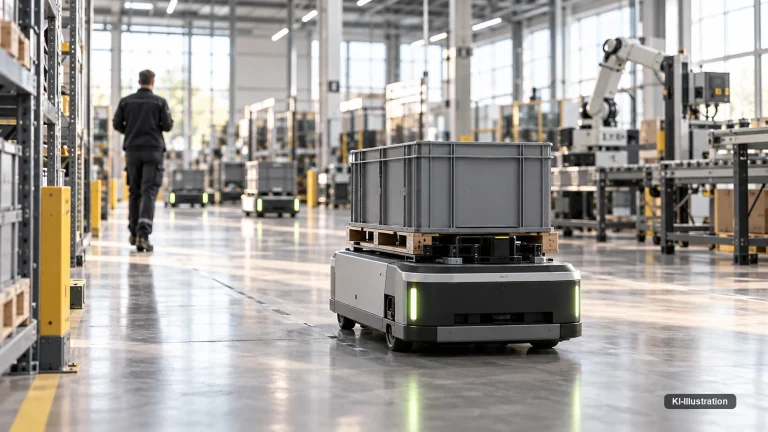 Fahrerloses Transportsystem mit hohem Sensormast in einer Lagerhalle.