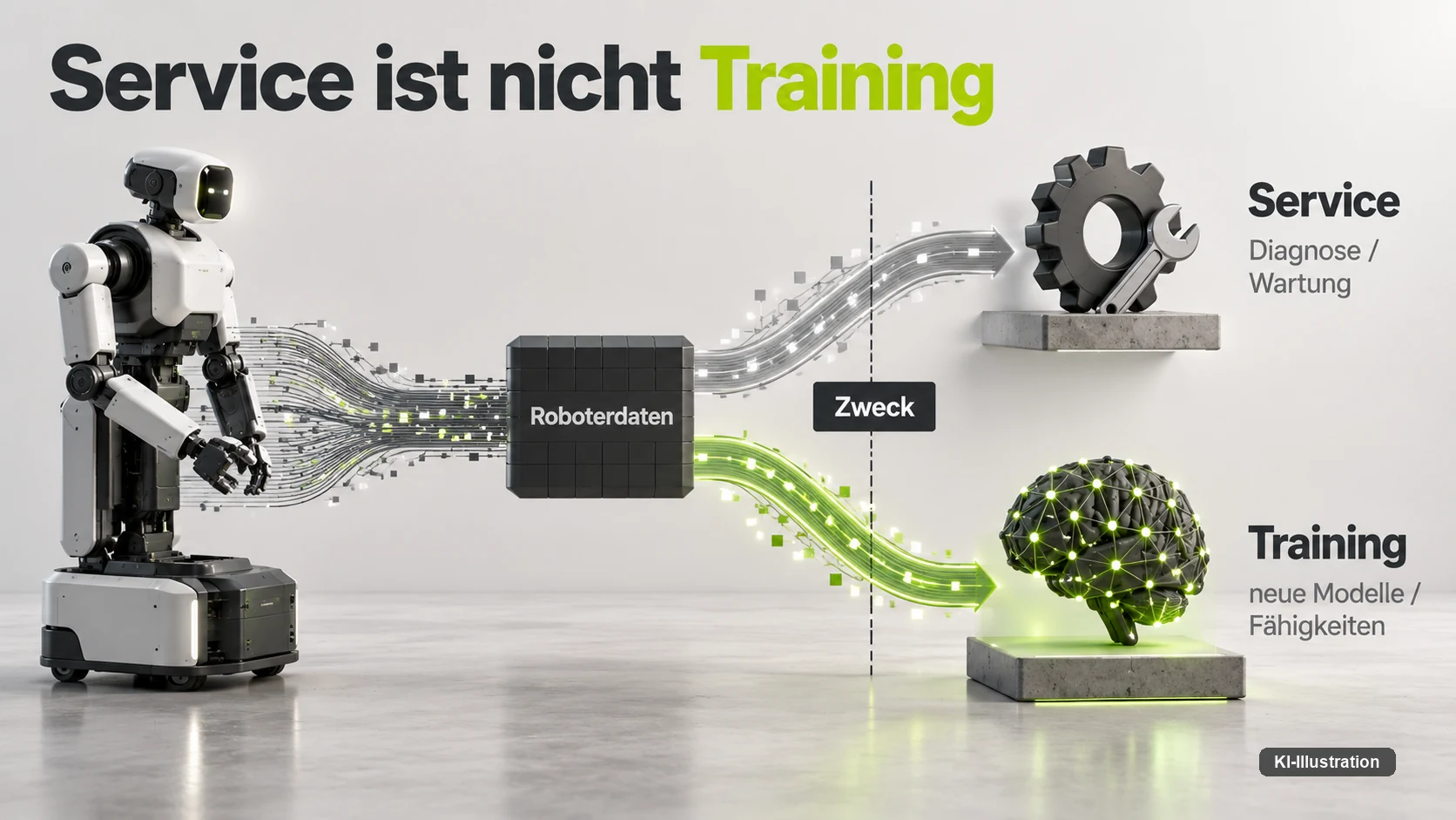 Roboterdaten koennen fuer Diagnose und Wartung oder fuer das Training neuer Modelle und Faehigkeiten verwendet werden — der Data Act behandelt das als zwei getrennte Zwecke.