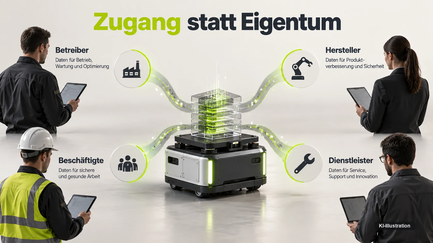 Der Data Act regelt den Zugang zu Roboterdaten zwischen Betreiber, Hersteller, Beschaeftigten und Dienstleistern — nicht das Eigentum an den Daten.