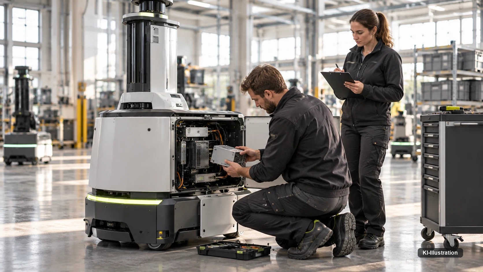 Zwei Techniker öffnen das Innere eines mobilen Roboters mit hohem Sensormast.