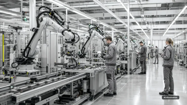 Helle Fertigungshalle mit mehreren Industrieroboterarmen entlang einer Produktionslinie und arbeitenden Menschen.