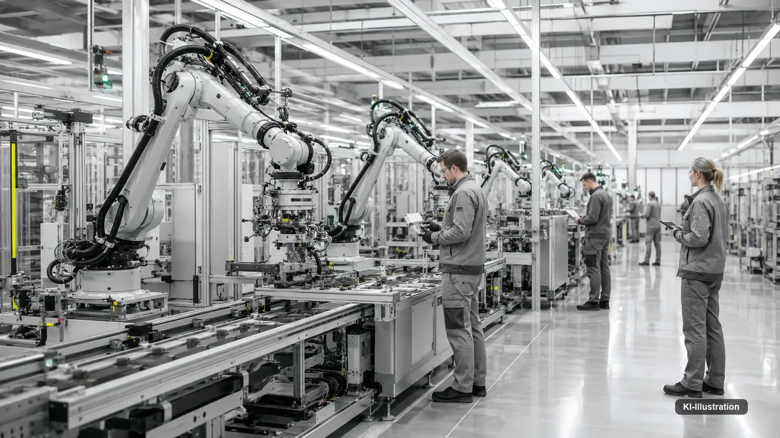 Helle Fertigungshalle mit mehreren Industrieroboterarmen entlang einer Produktionslinie und arbeitenden Menschen.