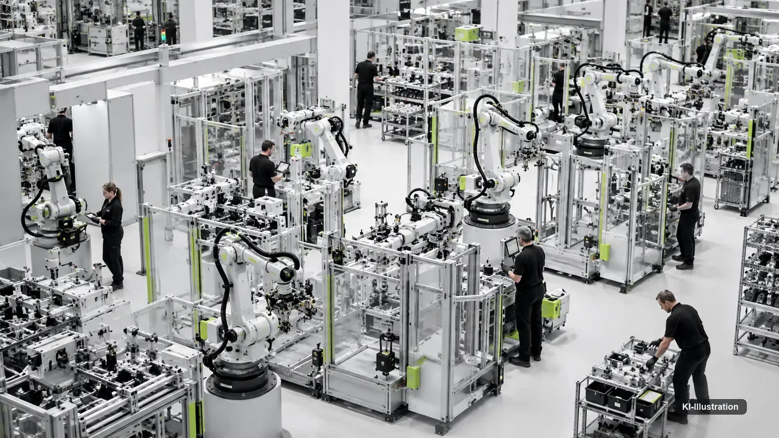 Beschäftigte besprechen an einer Anlage einen Arbeitsschritt, ein Roboterarm steht daneben.