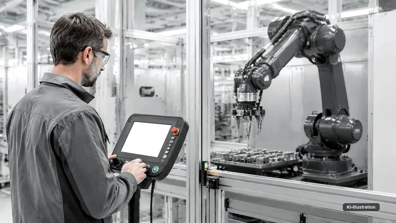 Industrieroboter an einer Fertigungslinie, im Hintergrund weitere Anlagen und Personal.