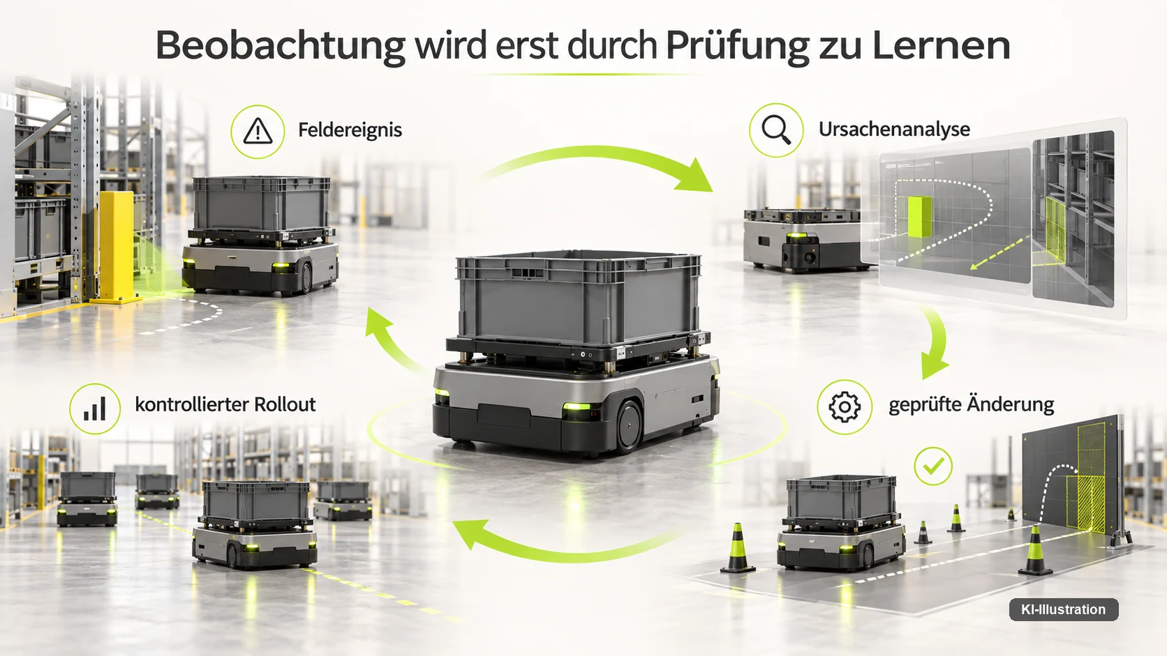 Ein Feldereignis wird erst nach Ursachenanalyse und geprueftem Rollout zu belastbarem Lernen — die reine Beobachtung reicht dafuer nicht.