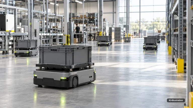 Fahrerloses Transportsystem mit Kiste in einer Lagerhalle, im Hintergrund weitere Fahrzeuge.