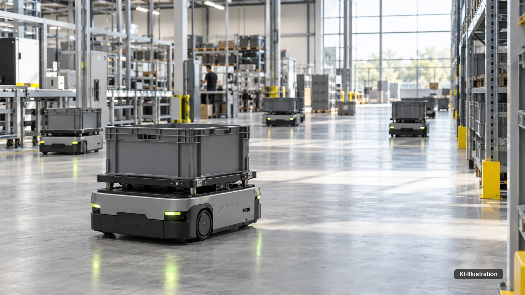 Fahrerloses Transportsystem mit Kiste in einer Lagerhalle, im Hintergrund weitere Fahrzeuge.