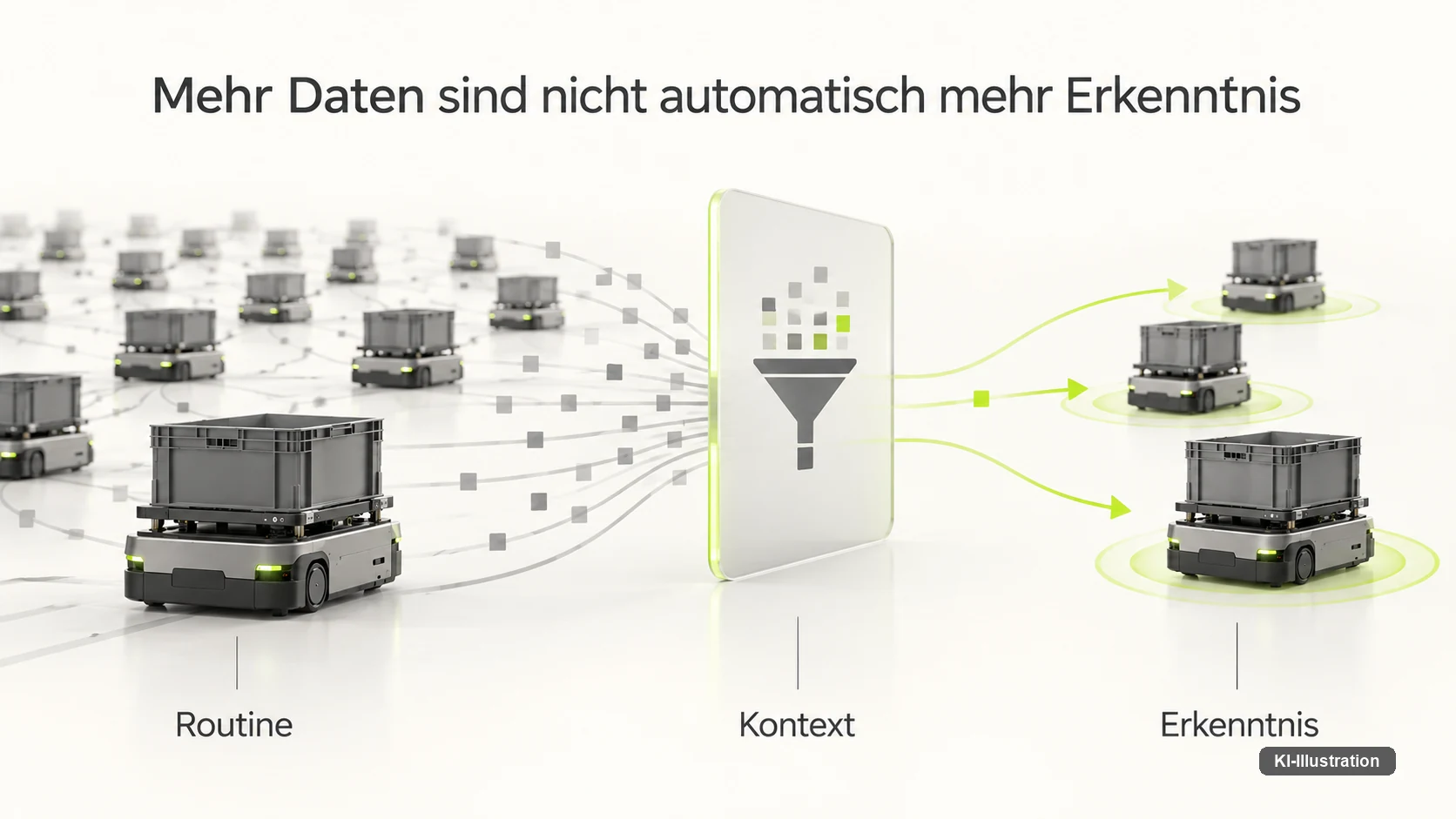 Rohdaten, Einheiten, Versionen und Statuscodes muessen erst zusammengefuehrt werden, bevor ein Export nutzbar ist — Logging allein ist noch kein Training und kein Lernen.