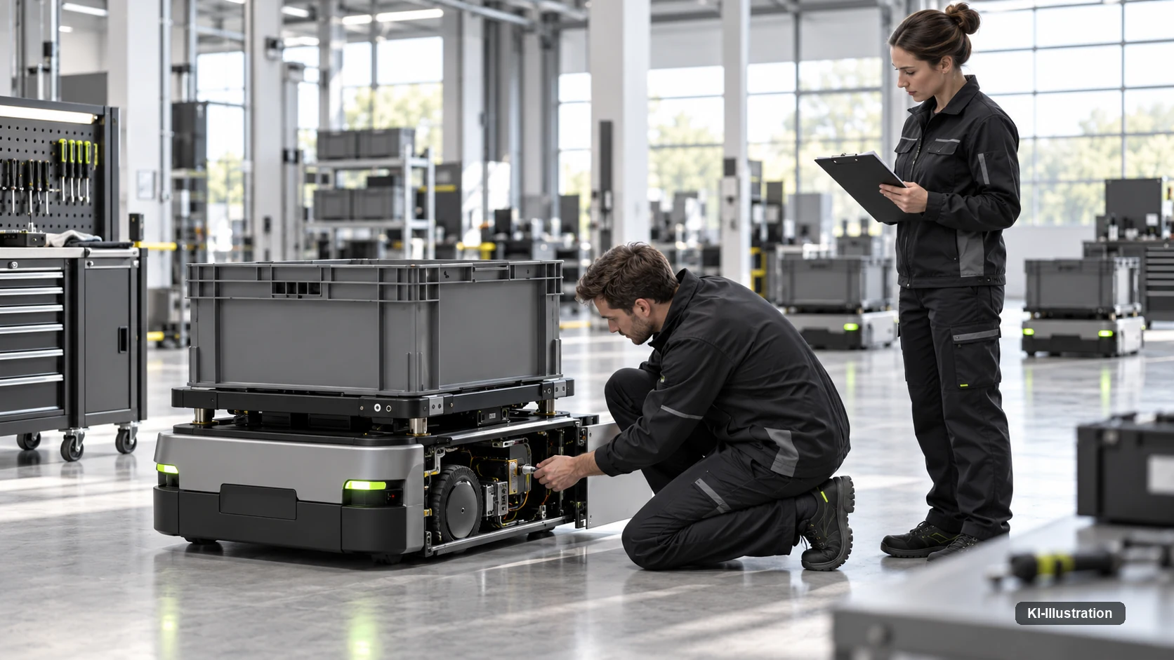 Techniker öffnet das Innere eines mobilen Roboters, eine Kollegin dokumentiert auf einem Tablet.