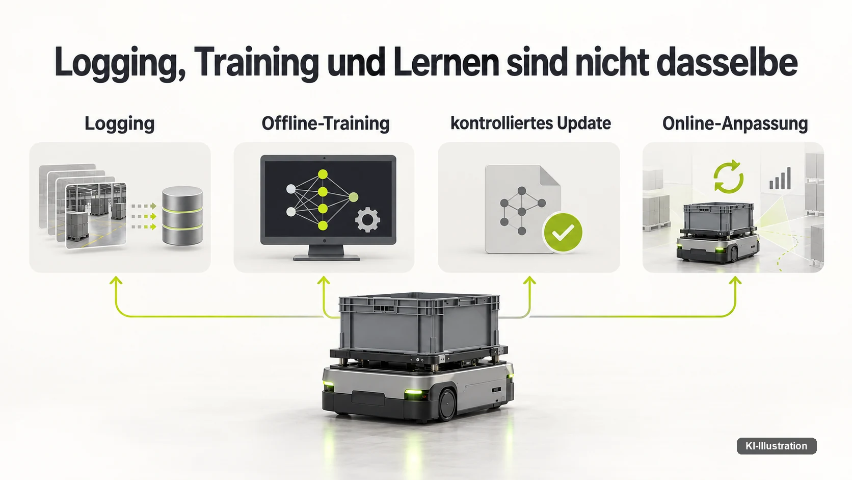Zwei Personen beobachten ein mobiles Robotersystem mit Greifarm auf einer Rampe im Außenbereich.