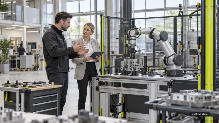 Zwei Personen mit Klemmbrett und Tablet begutachten ein mobiles Robotersystem.