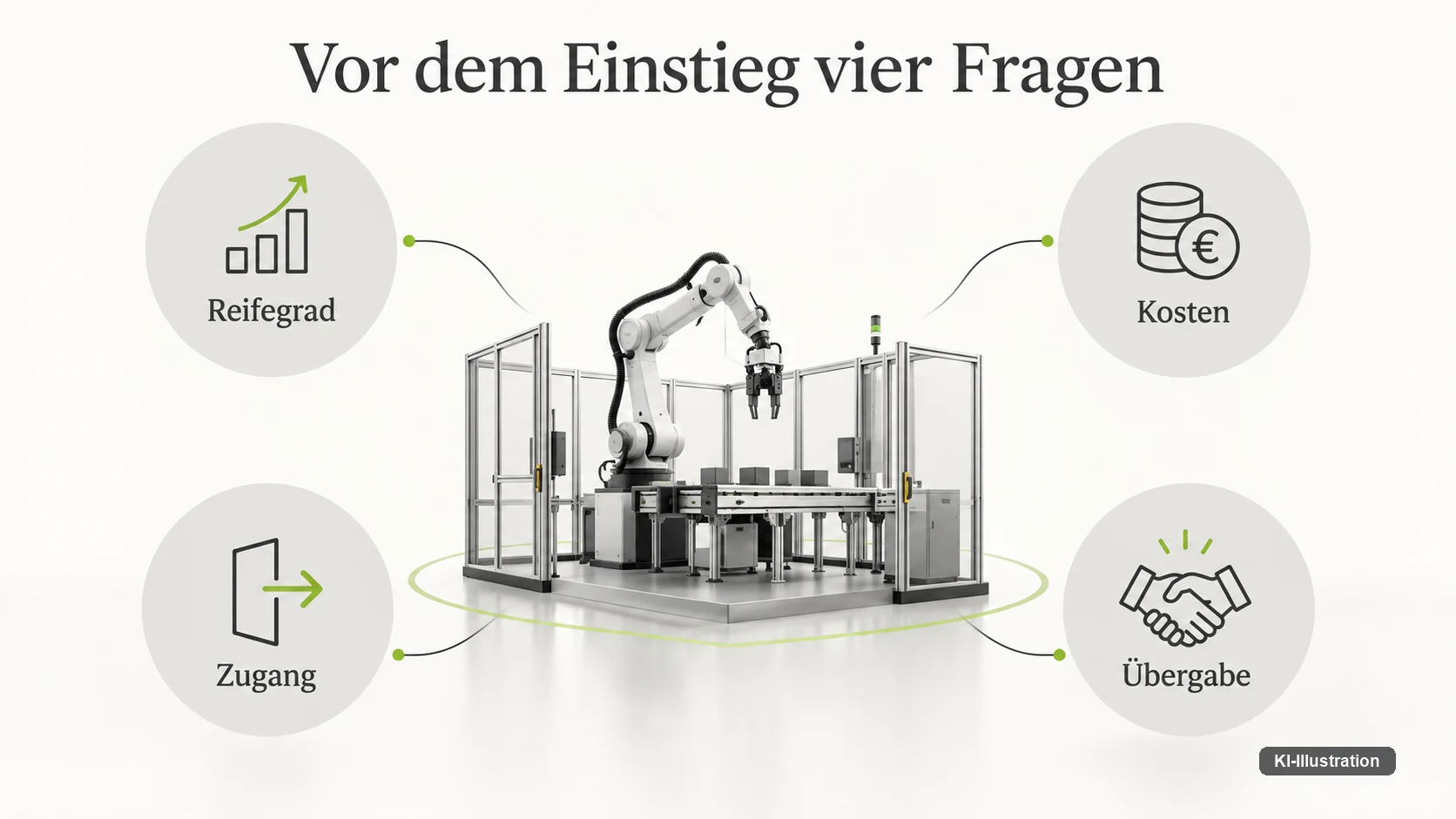 Techniker steuert einen Roboterarm hinter einem Sicherheitsgitter, im Hintergrund fahrerlose Transportsysteme.