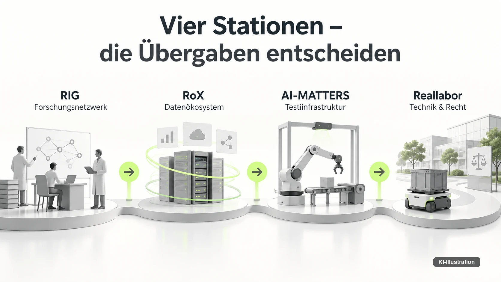 RIG, RoX, AI-MATTERS und das Fraunhofer-Reallabor sind vier eigenstaendige Bausteine der deutschen Robotik-Transferlandschaft — entscheidend ist, was an den Uebergaben zwischen ihnen passiert, nicht die Zahl der Bausteine.