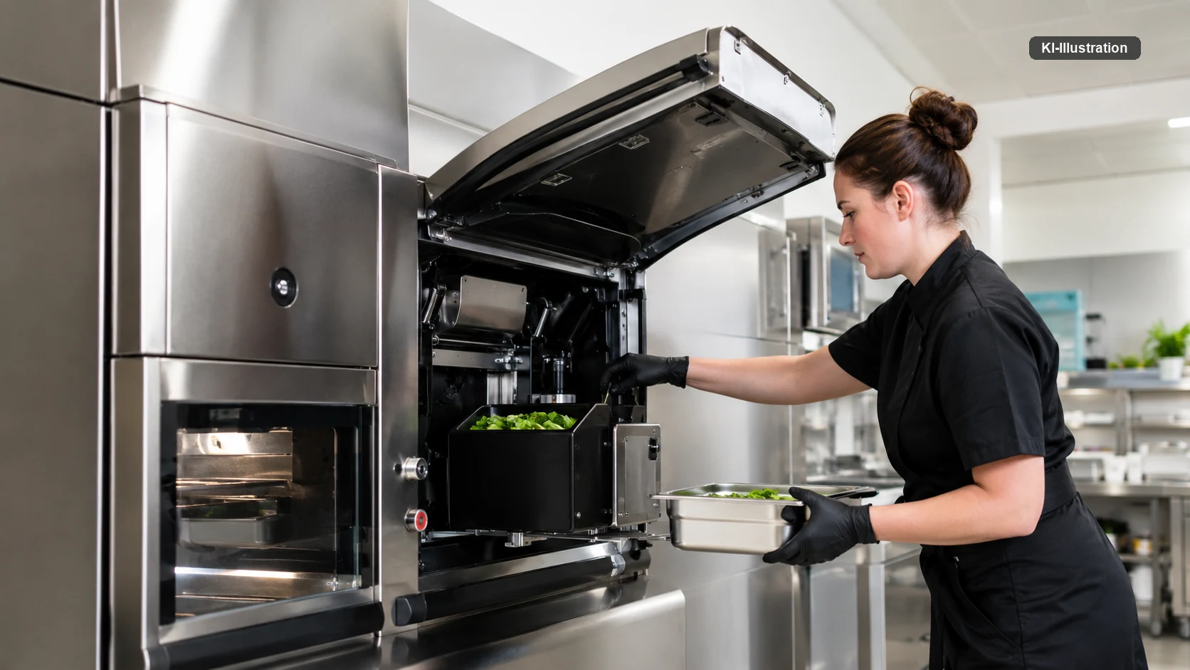 Eine Mitarbeiterin in schwarzer Kleidung und Handschuhen setzt einen Edelstahlbehälter in eine geöffnete automatisierte Kochmaschine ein; der technische Innenraum mit Führungen und Antrieben ist sichtbar.