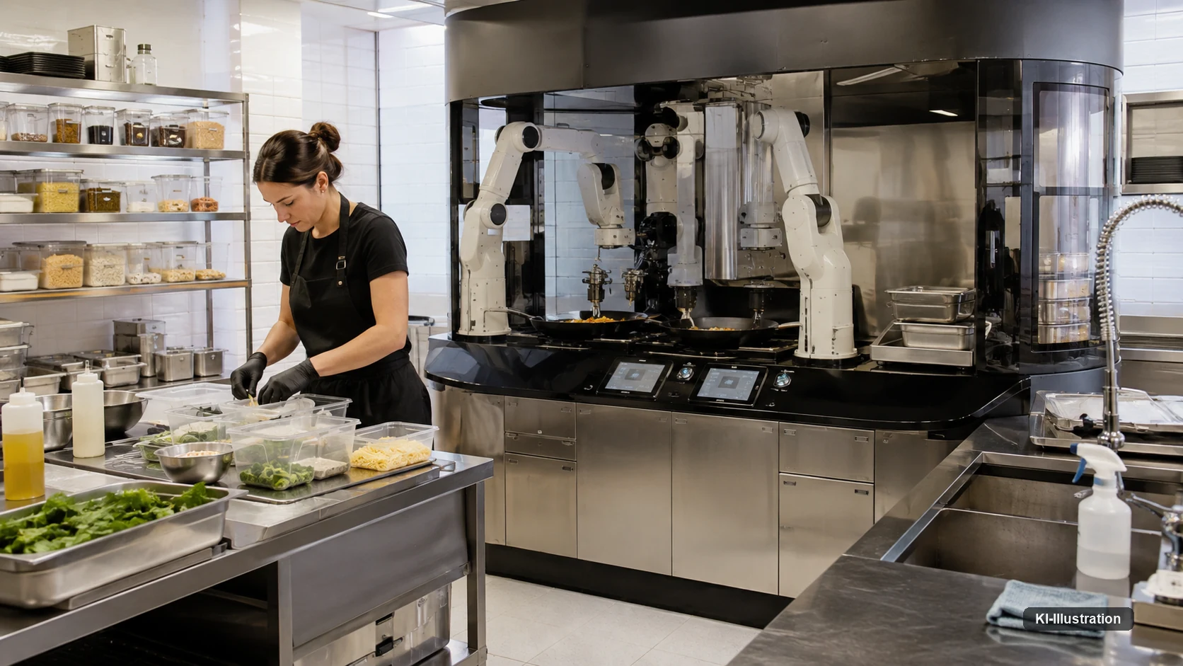 Eine Köchin in schwarzer Schürze portioniert Zutaten in Behälter an einem Edelstahltisch; rechts daneben arbeiten zwei Roboterarme einer fest verbauten Kochanlage an zwei Pfannen.