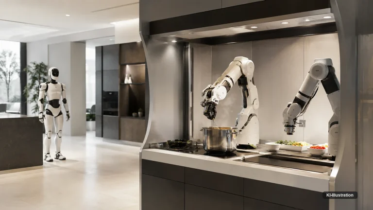 In einer dunkel gehaltenen Küche rühren zwei fest verbaute Roboterarme in einem Topf und arbeiten an einer Ablage mit vorbereiteten Zutaten; im hellen Raum dahinter steht ein humanoider Roboter.