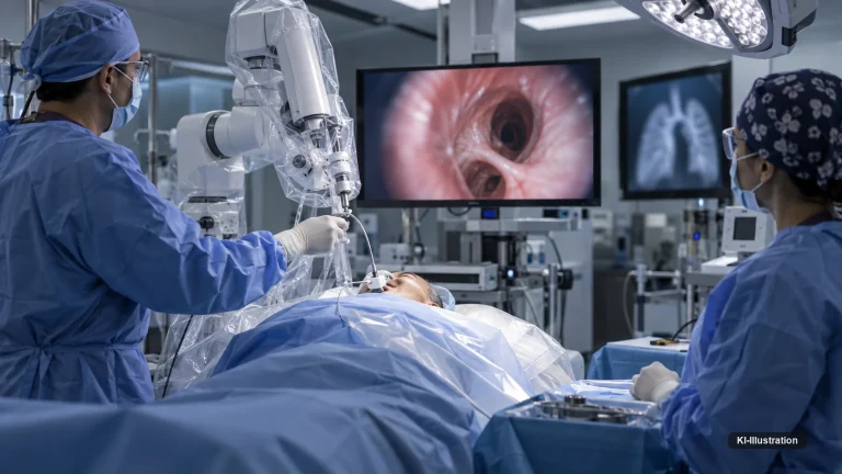 Robotische Bronchoskopie im Eingriffsraum: Ein Arzt führt den Katheter am Roboterarm, im Hintergrund ein Monitor mit dem Bronchialbaum und eine Thoraxaufnahme.