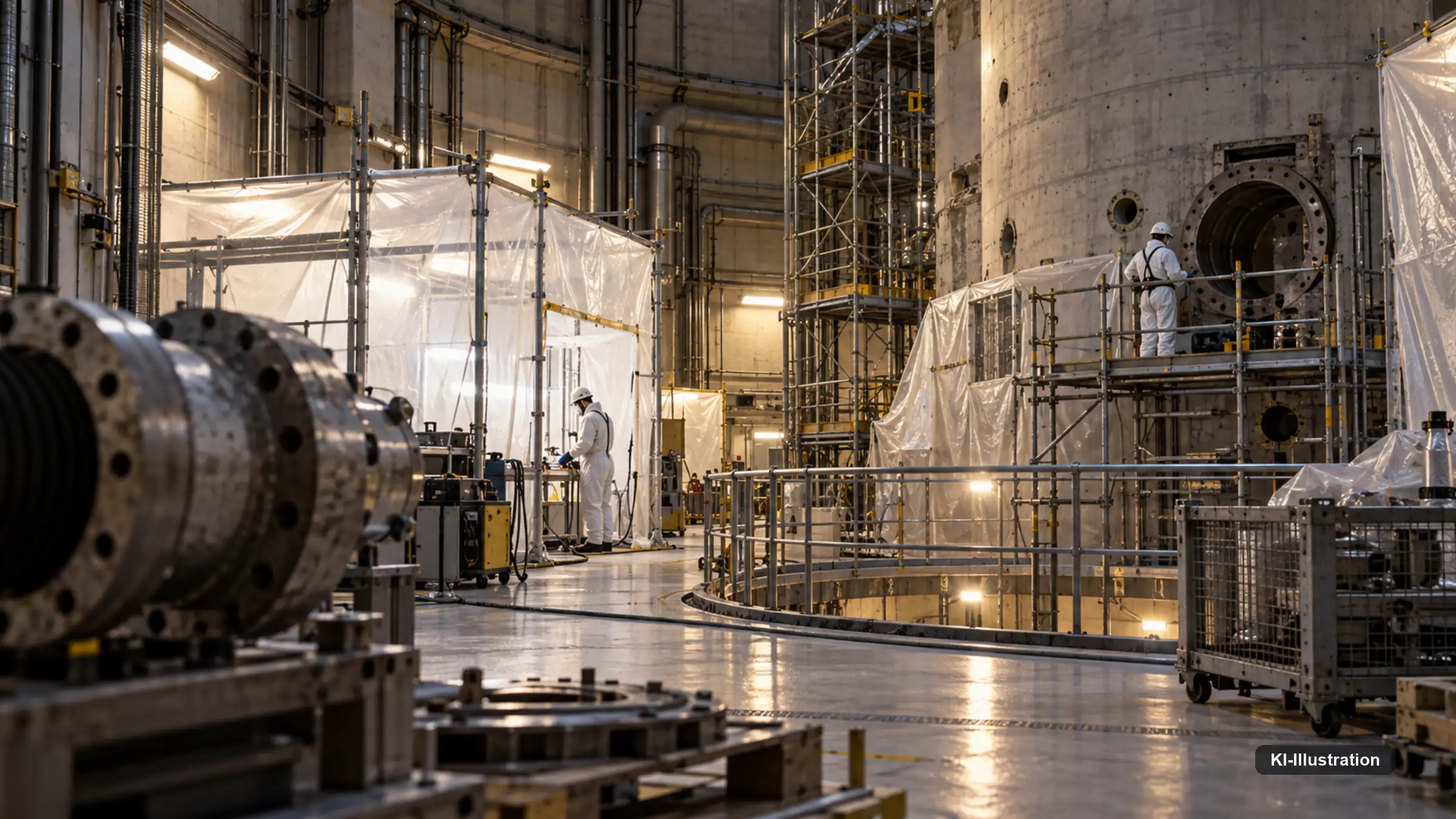 Zwei Personen in Schutzanzügen arbeiten auf einem Gerüst im Inneren eines im Rückbau befindlichen Kraftwerksgebäudes.