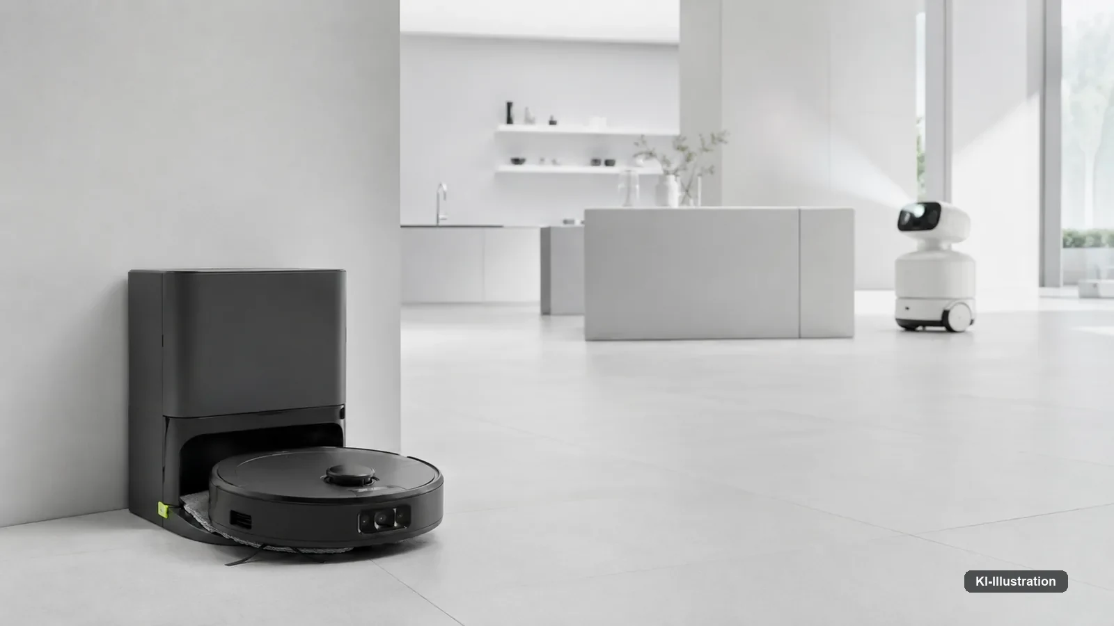 Generischer Saug- und Wischroboter mit Station in einem hellen, aufgeräumten Wohnraum.