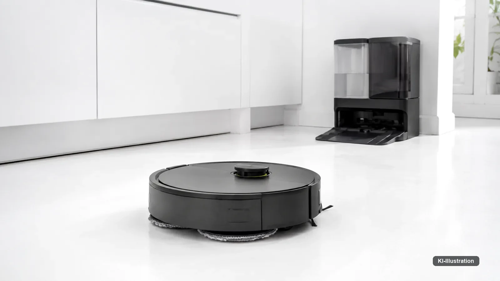 Roboter mit rotierenden Wischpads auf einem hellen Hartboden, im Hintergrund die Reinigungsstation.