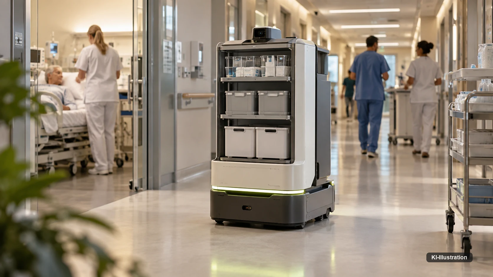 Serviceroboter mit mehreren Regalebenen und Transportboxen fährt an einem Patientenzimmer vorbei, im Hintergrund Pflegepersonal auf dem Stationsflur.
