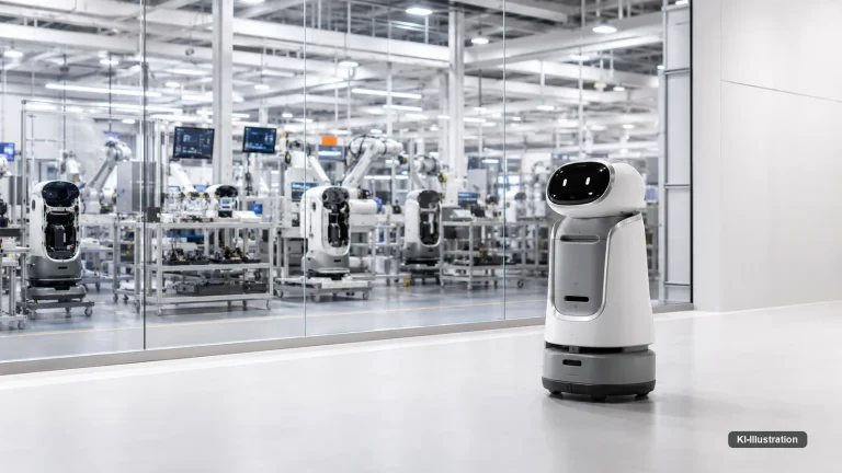 Ein weißer Serviceroboter auf fahrbarem Sockel steht in einem hellen Gang; hinter einer Glaswand ist eine Fertigungshalle mit Roboterarmen und Montagestationen zu sehen.