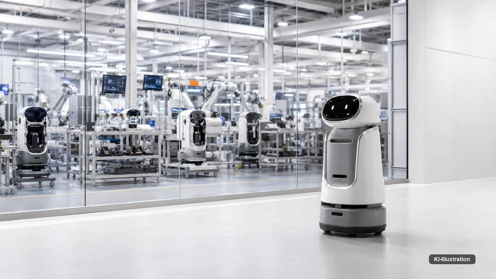 Ein weißer Serviceroboter auf fahrbarem Sockel steht in einem hellen Gang; hinter einer Glaswand ist eine Fertigungshalle mit Roboterarmen und Montagestationen zu sehen.
