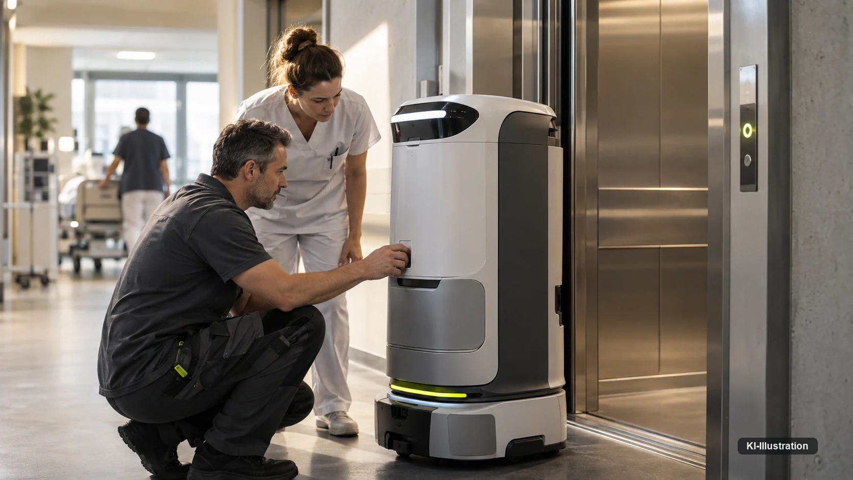 Ein Techniker kniet vor einem Serviceroboter und öffnet eine Klappe, eine Pflegekraft steht daneben; direkt hinter dem Roboter die geöffnete Aufzugtür.
