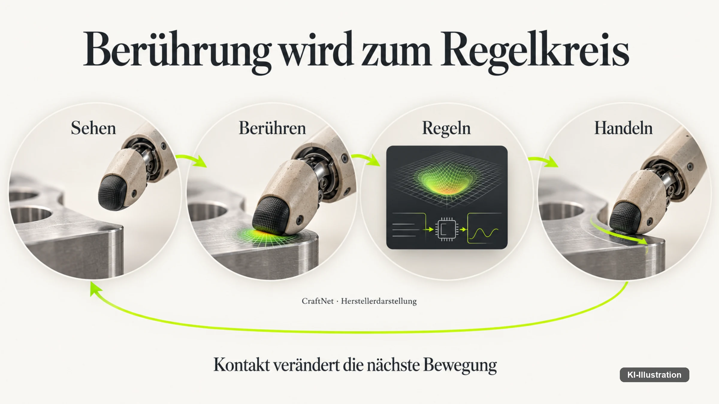 Fachgrafik zeigt den Regelkreis aus Sehen, Berühren, Regeln und Handeln mit einem robotischen Tastsensor.