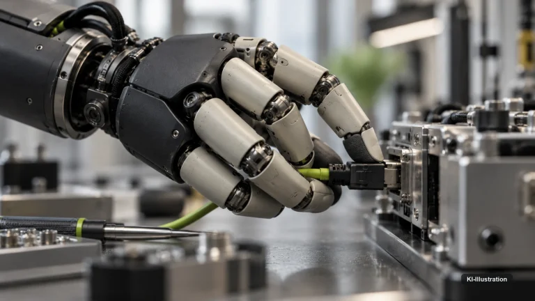Markenfreie fünffingrige Roboterhand führt einen kleinen Steckverbinder präzise in eine industrielle Aufnahme ein.