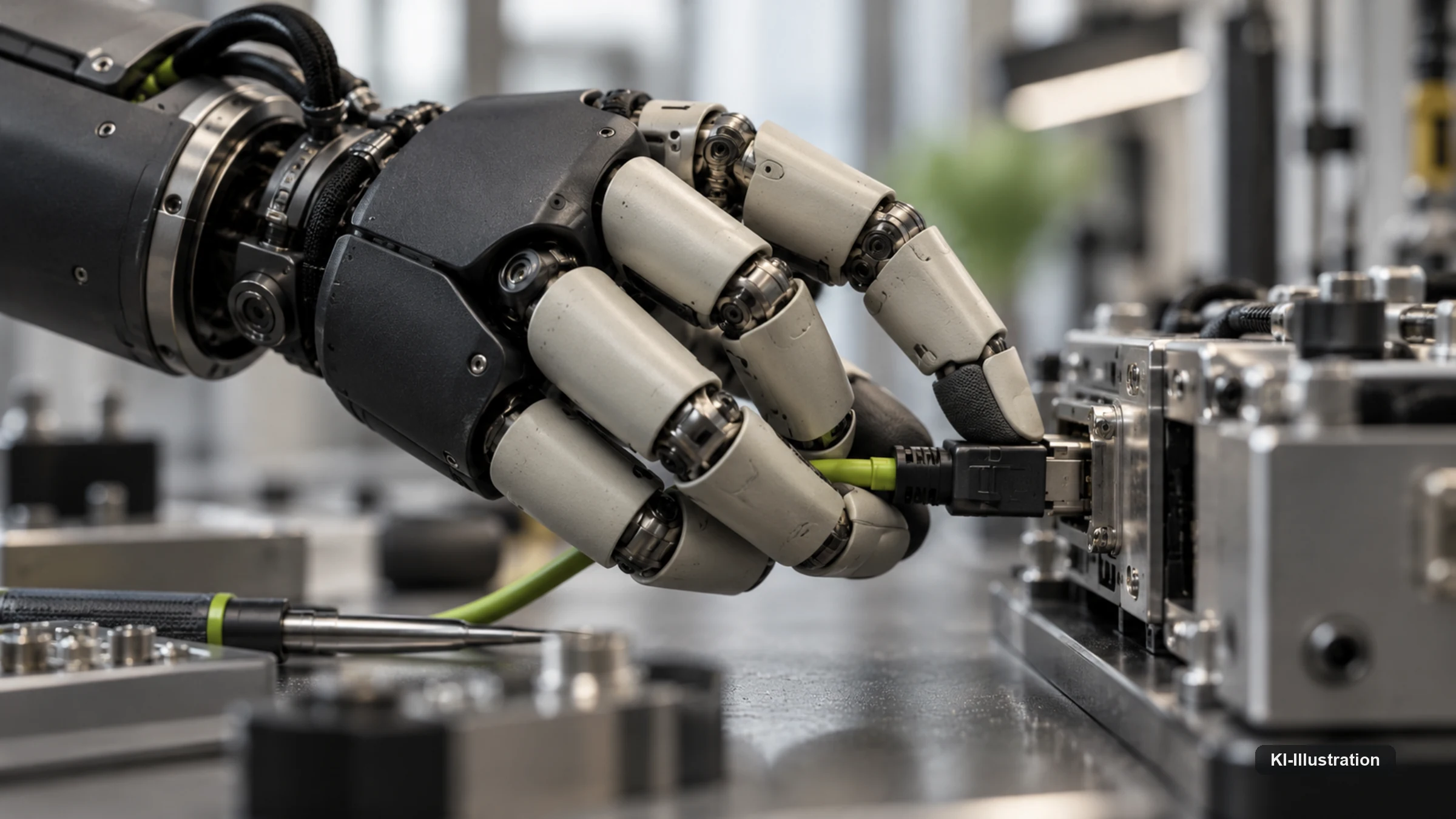 Markenfreie fünffingrige Roboterhand führt einen kleinen Steckverbinder präzise in eine industrielle Aufnahme ein.