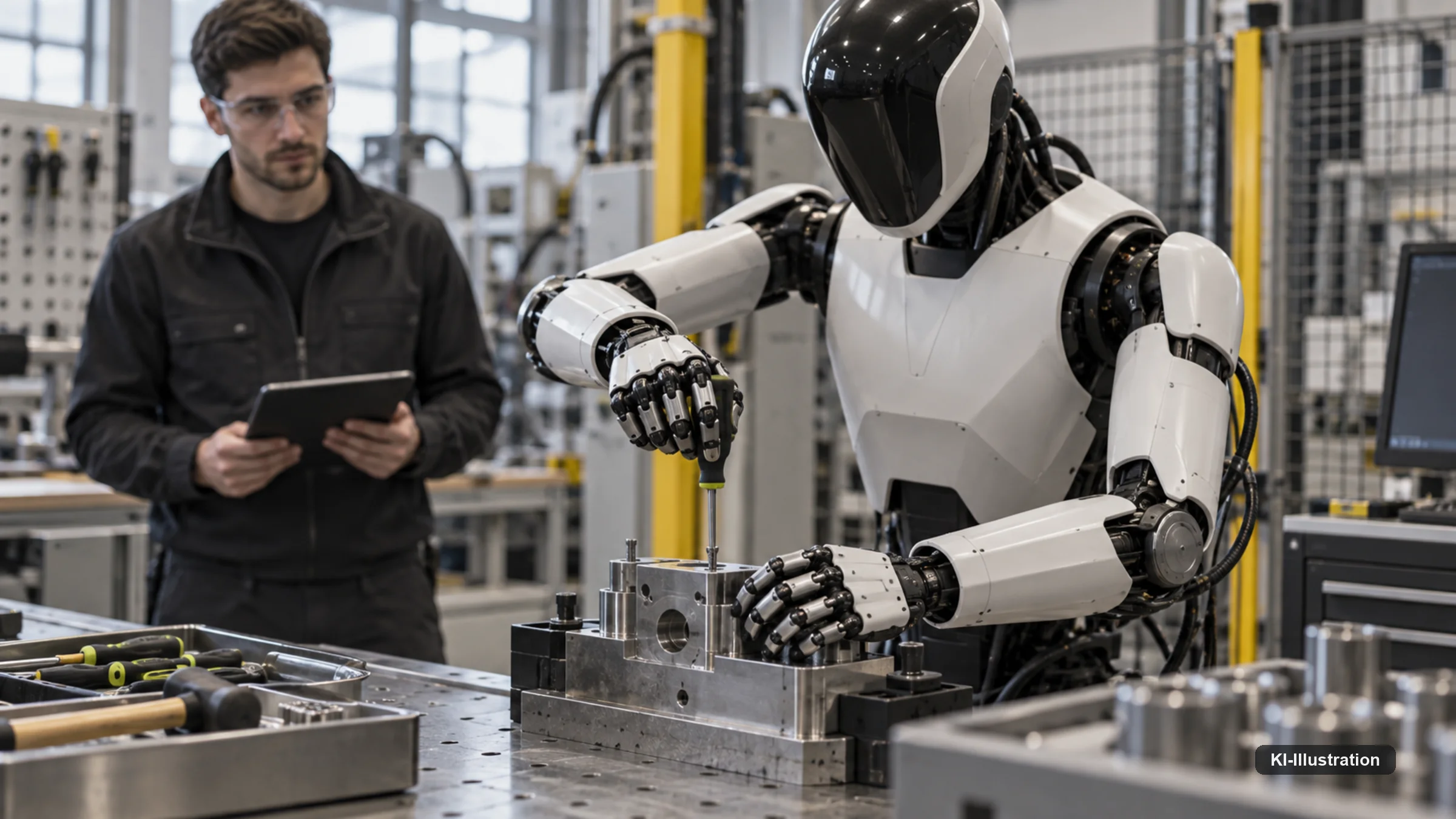Markenfreier humanoider Roboter stabilisiert ein Werkstück und bedient zugleich ein Handwerkzeug an einem Prüfstand.