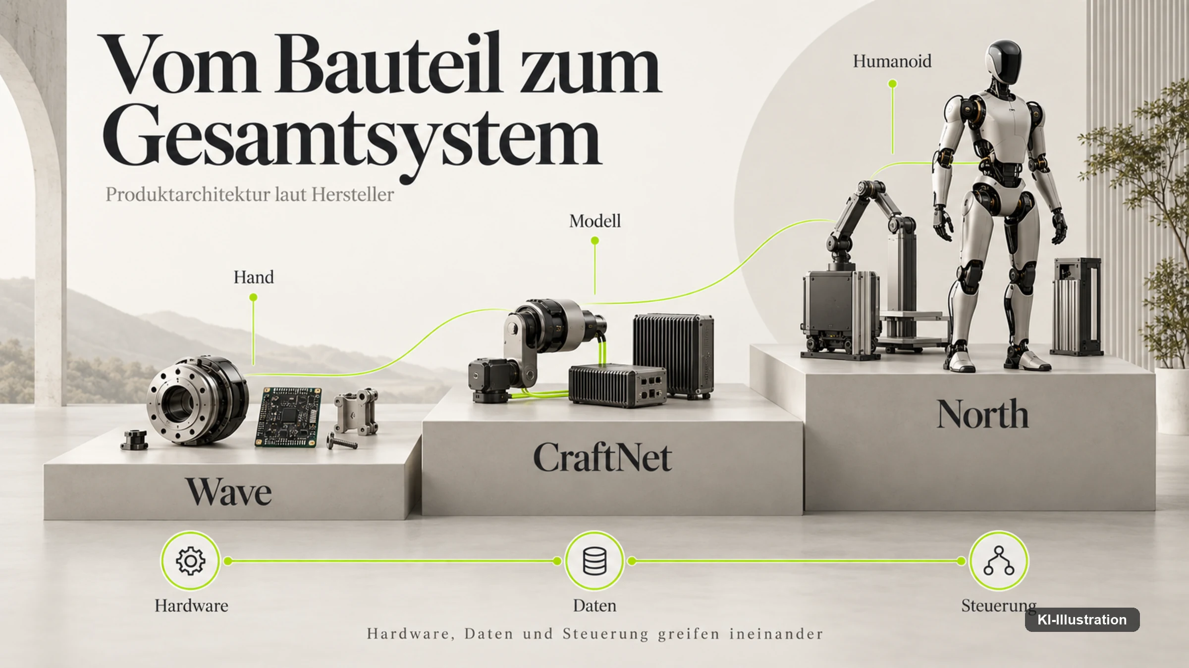 Wave als Hand, CraftNet als steuerndes Modell und North als humanoides Gesamtsystem in einer Produktarchitektur.