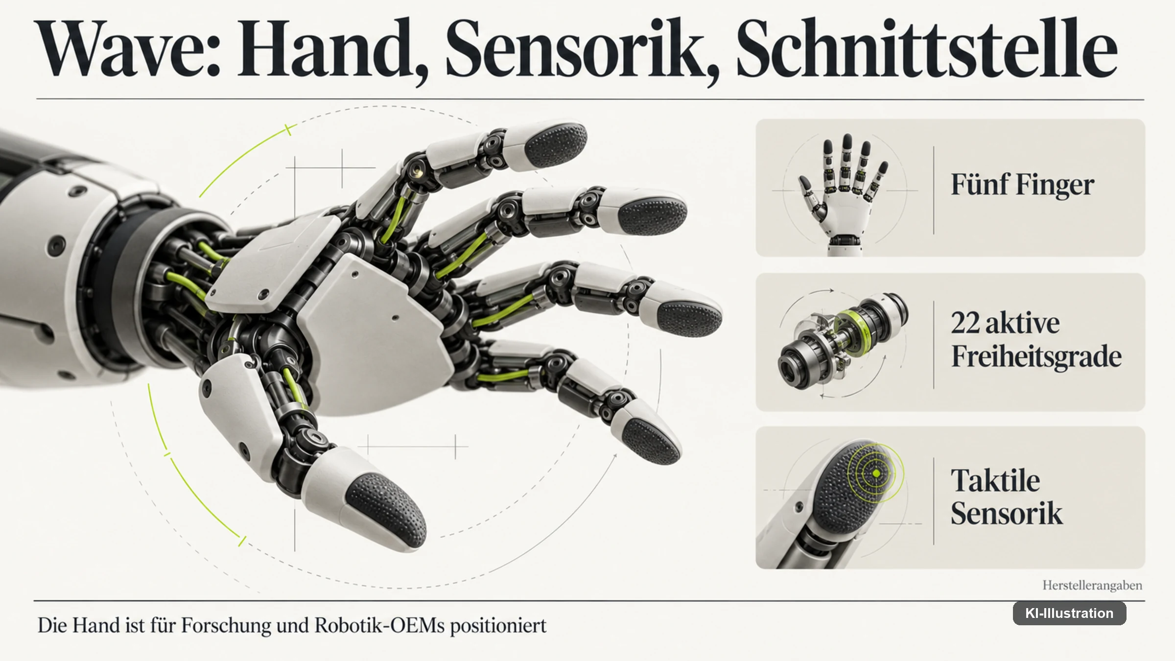 Fachgrafik zu fünf Fingern, 22 aktiven Freiheitsgraden und taktiler Sensorik der Wave-Hand.