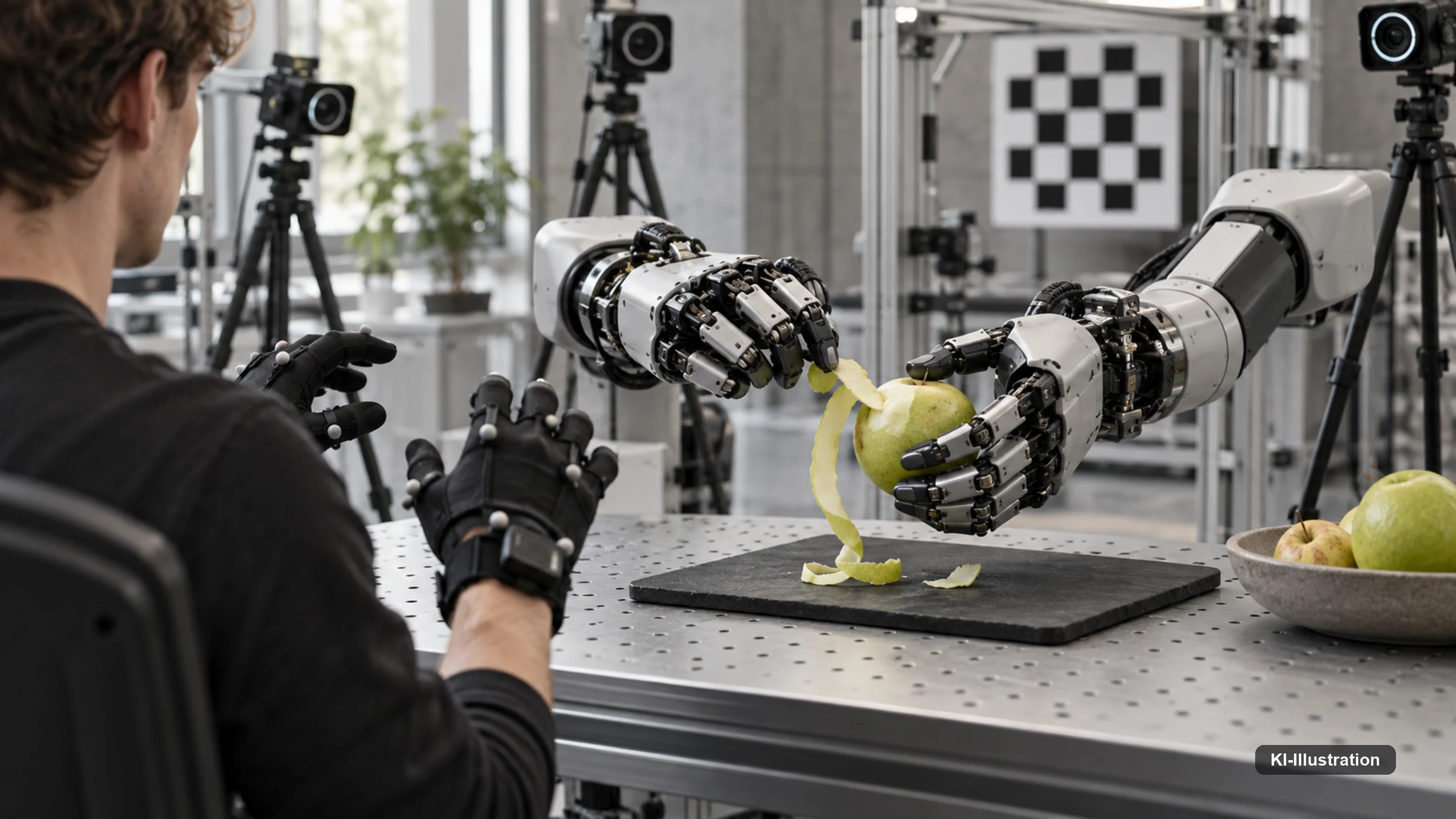 Ein Bediener steuert mit Bewegungshandschuhen zwei robotische Hände beim Stabilisieren und Schälen einer Frucht.