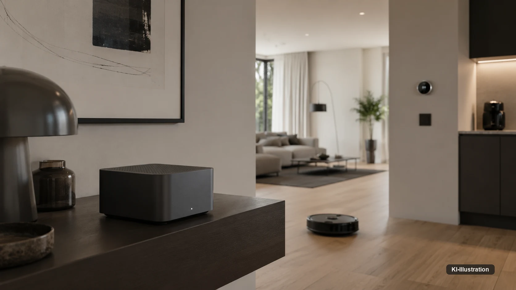 Eine dunkle quaderförmige Box steht auf einem Sideboard im Vordergrund; dahinter öffnet sich ein Wohnraum mit Sofa, Thermostat an der Wand und einem Saugroboter auf dem Parkett.